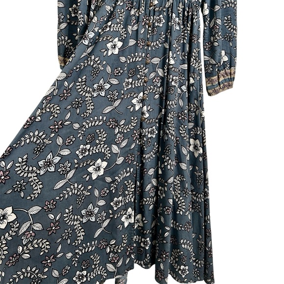 RAGA Anthropologie Long Sleeve Dress, Floral Grey Button Down V-Neck Midi, Small - Picture 3 of 7